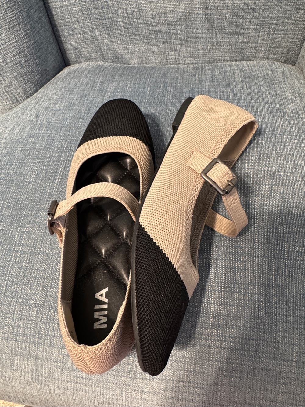 MIA Beige and Black Knit Mary Jane Flats with Buckle Strap - Picture 2 of 3
